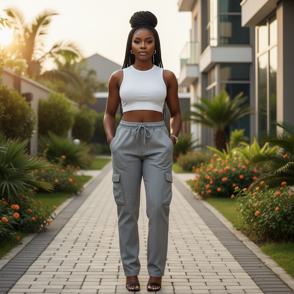 Female Nigerian Model - Grey Cargo Pants Front