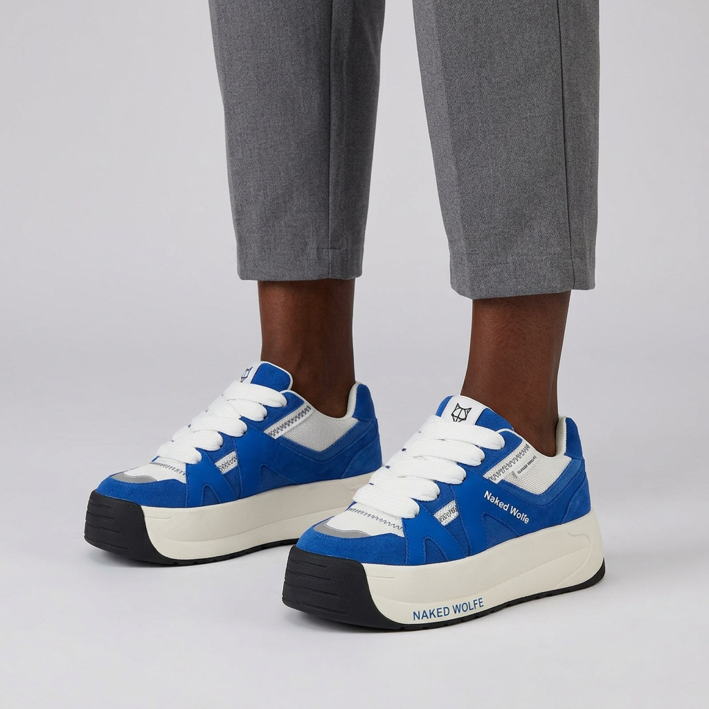 Leg-focused model wearing royal blue chunky sneakers with wide white laces