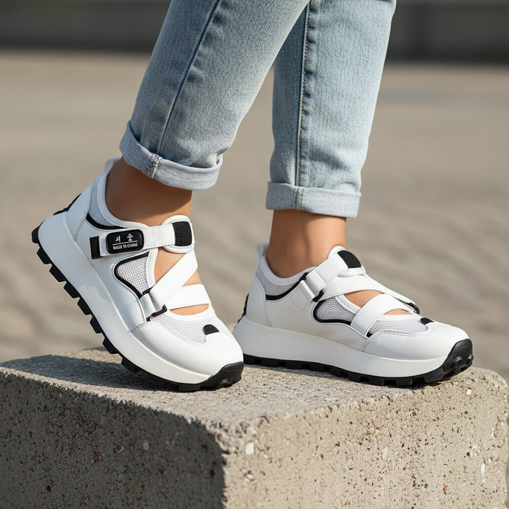 Leg focus shot of women's white black hybrid sneaker-sandals on Nigerian female model with denim jeans