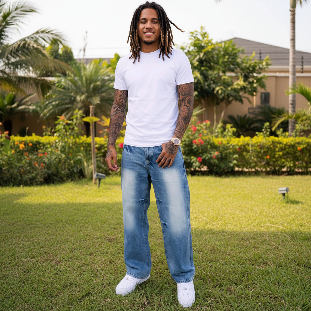 Nigerian male model wearing light blue oversized baggy washed denim jeans