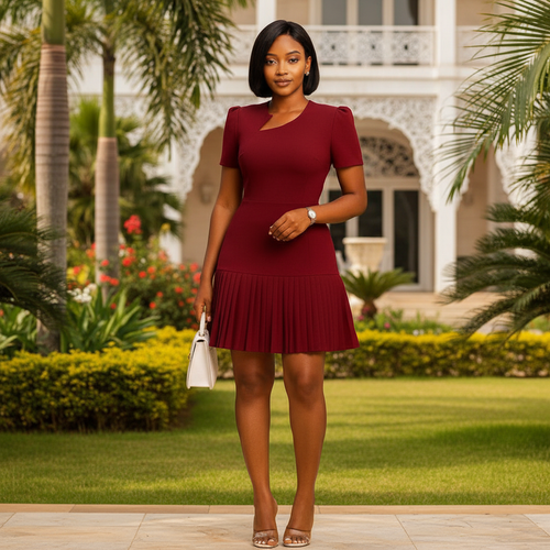 Nigerian female model wearing Women's Burgundy Short-Sleeve Asymmetric Neck Flared Mini Dress