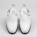 Men's white slingback sandals with gold-tone buckle, straight-on view of the pair