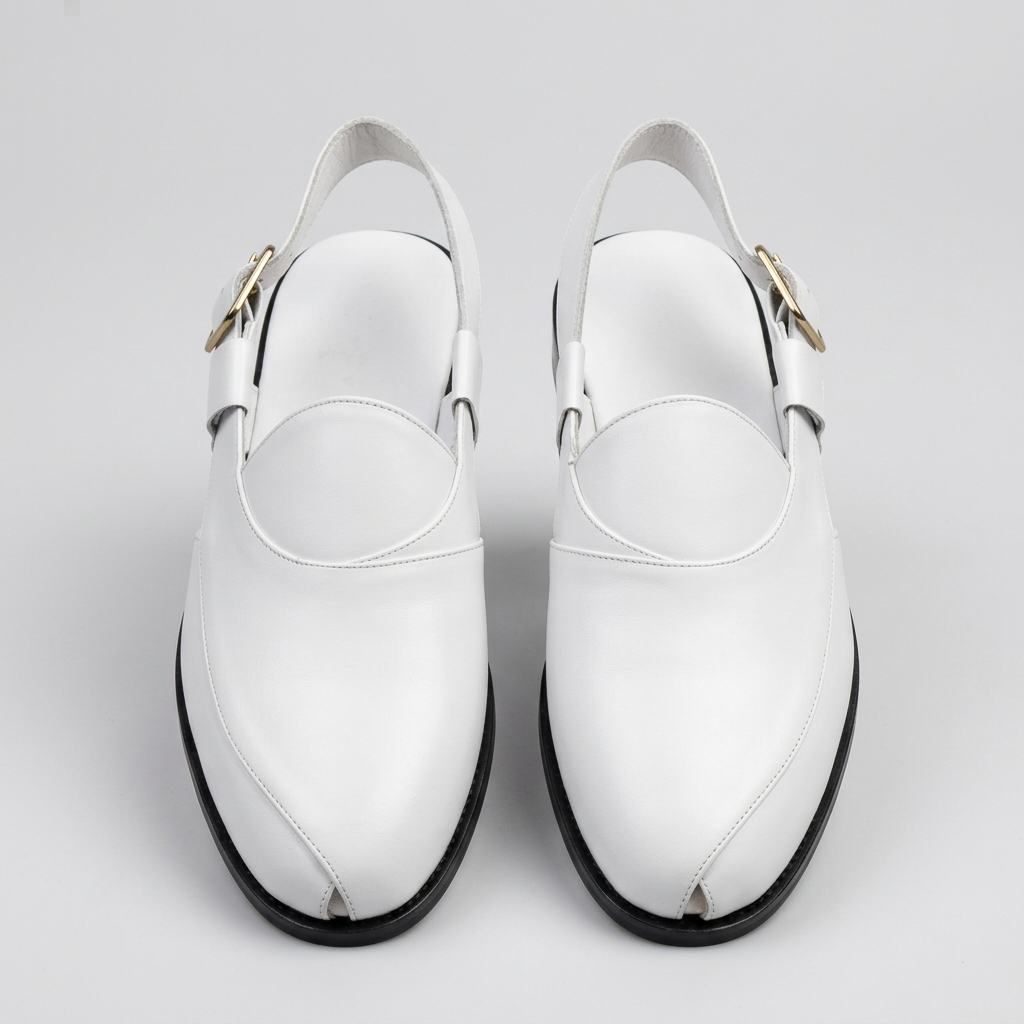 Men's white slingback sandals with gold-tone buckle, straight-on view of the pair
