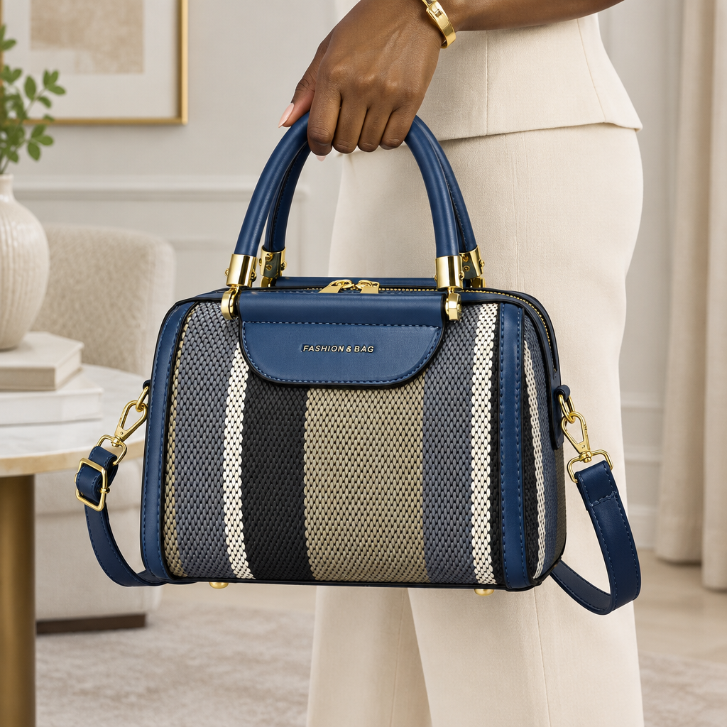 Black Nigerian woman holding a navy and cream top-handle satchel