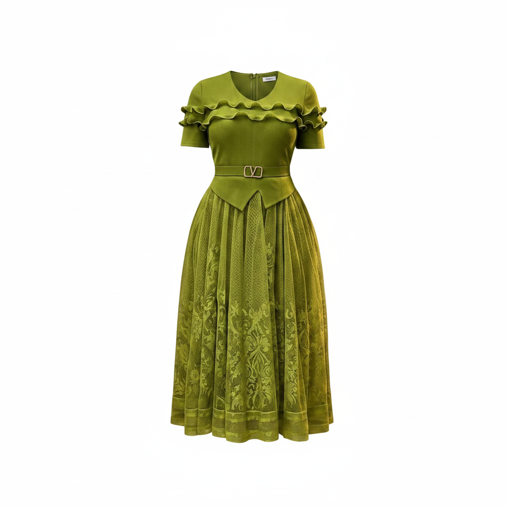 Women's olive green ruffle frill belted midi gown – ghost mannequin front view