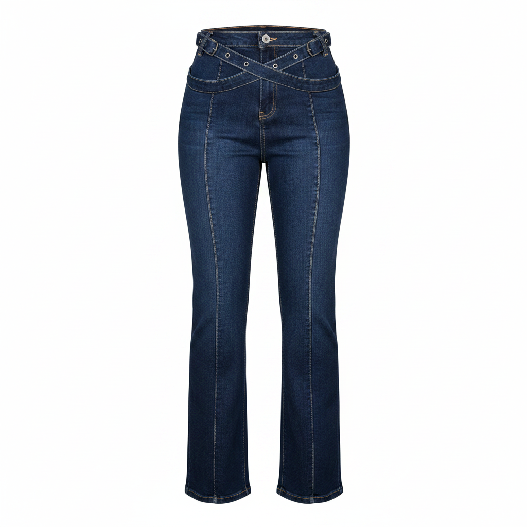 Women's navy blue crossover waistband straight-leg denim jeans on ghost mannequin, white background