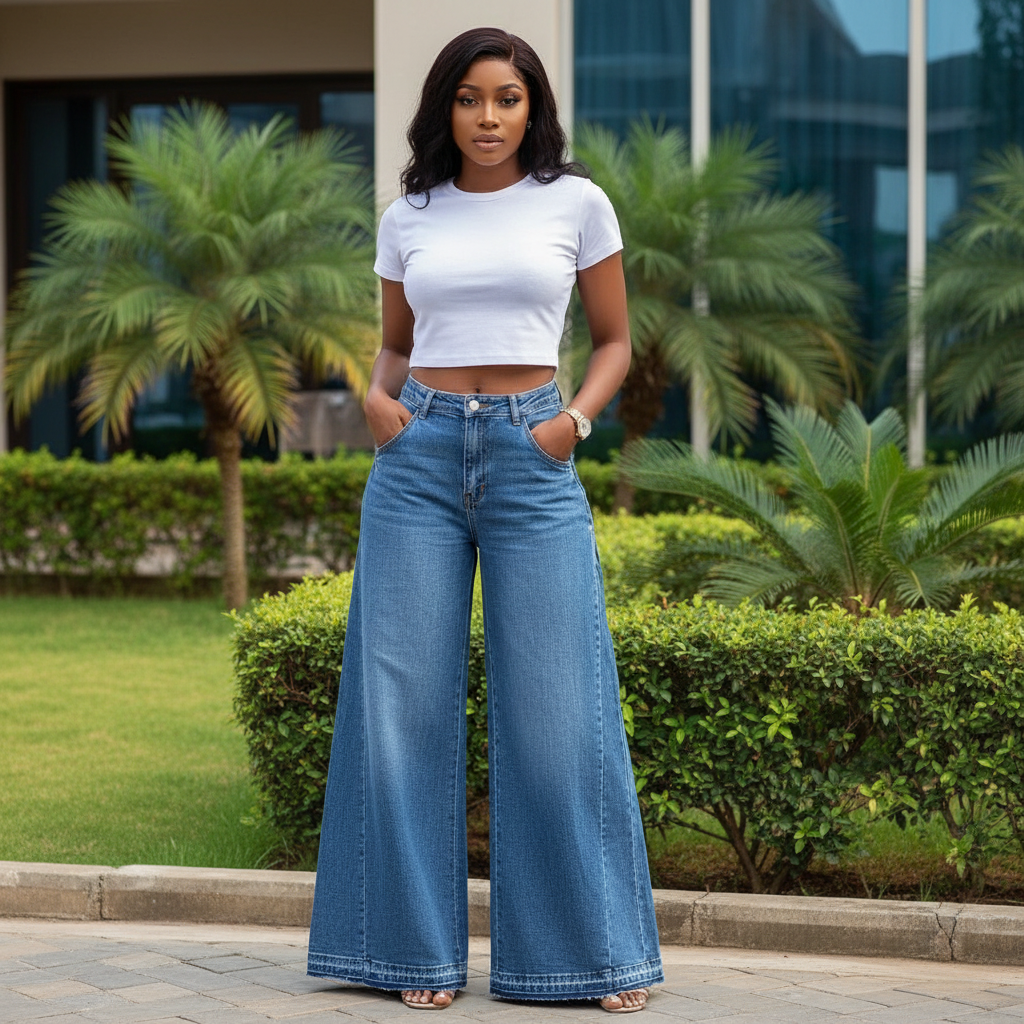 Women's blue denim high-waist wide-leg jeans — Nigerian female model shot