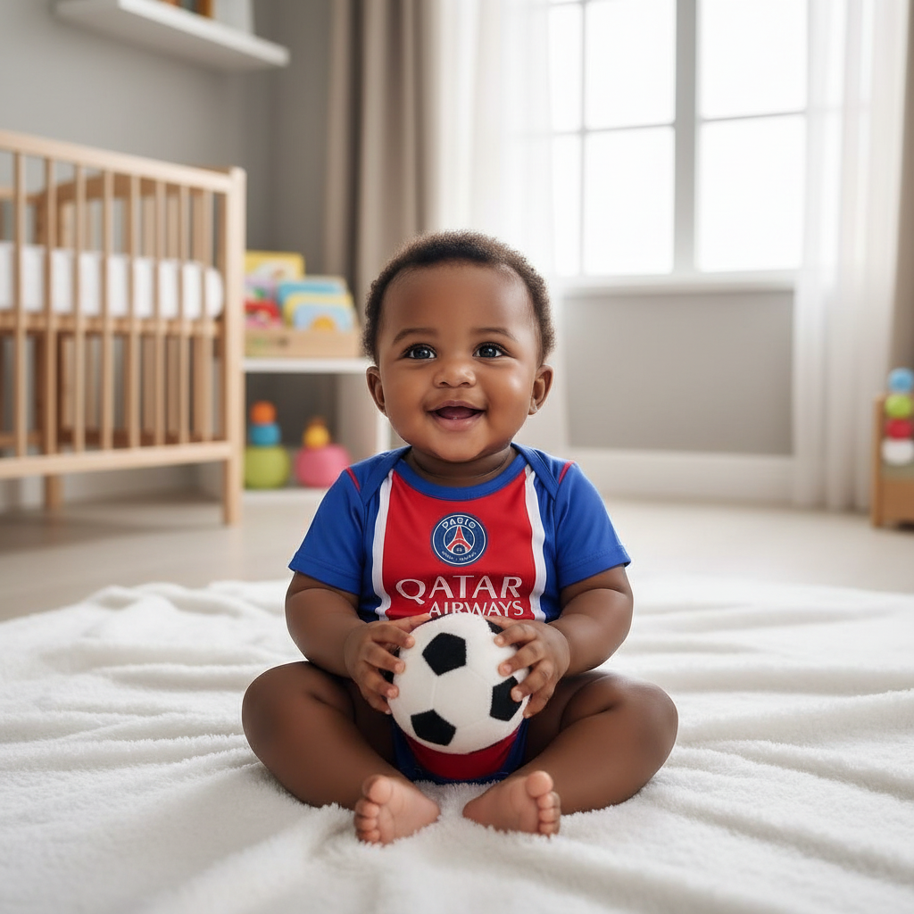 Nigerian baby wearing blue & red vertical stripe football romper bodysuit lifestyle shot