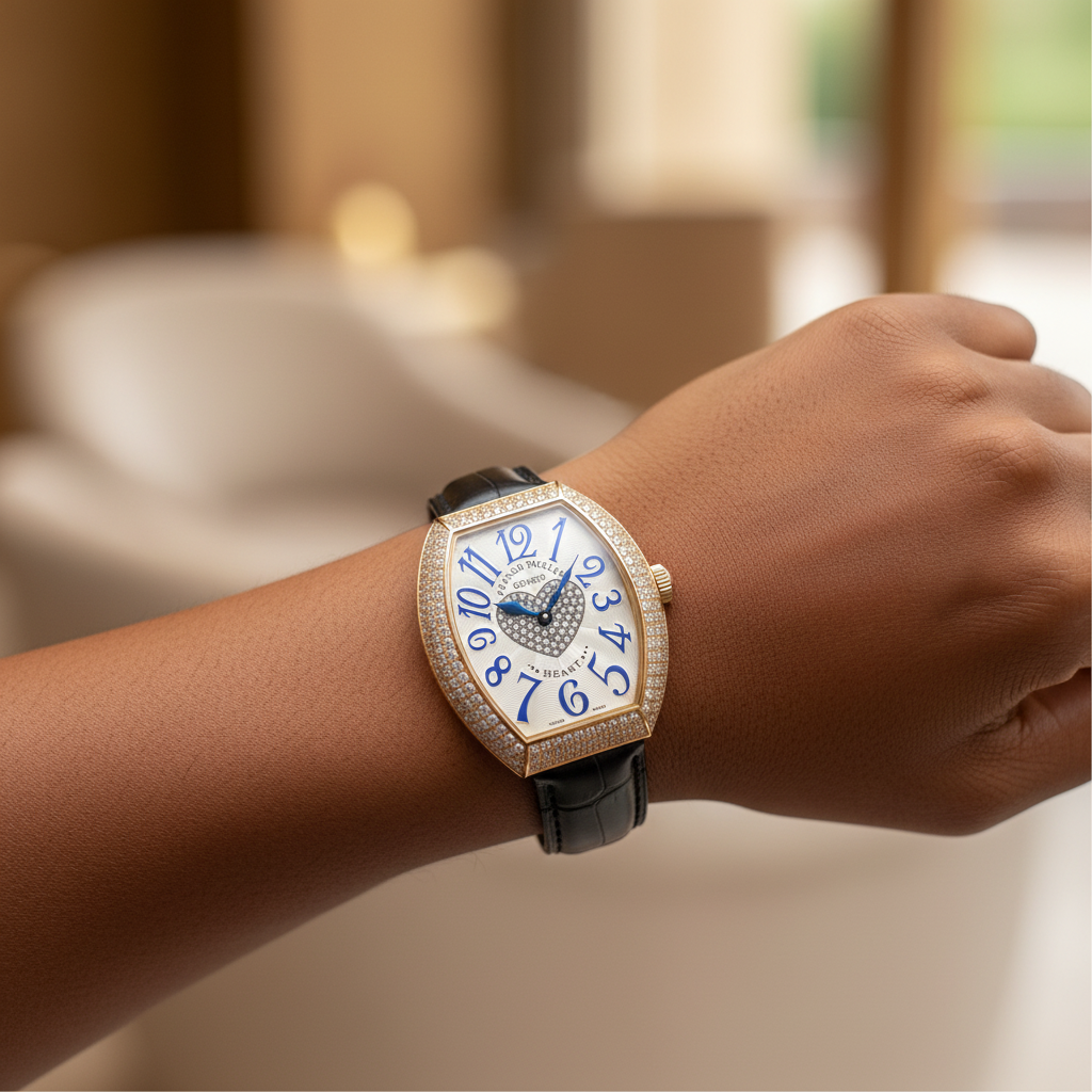 Women's gold diamond bezel blue numeral crystal heart dial tonneau watch worn on Nigerian model wrist — lifestyle wrist shot
