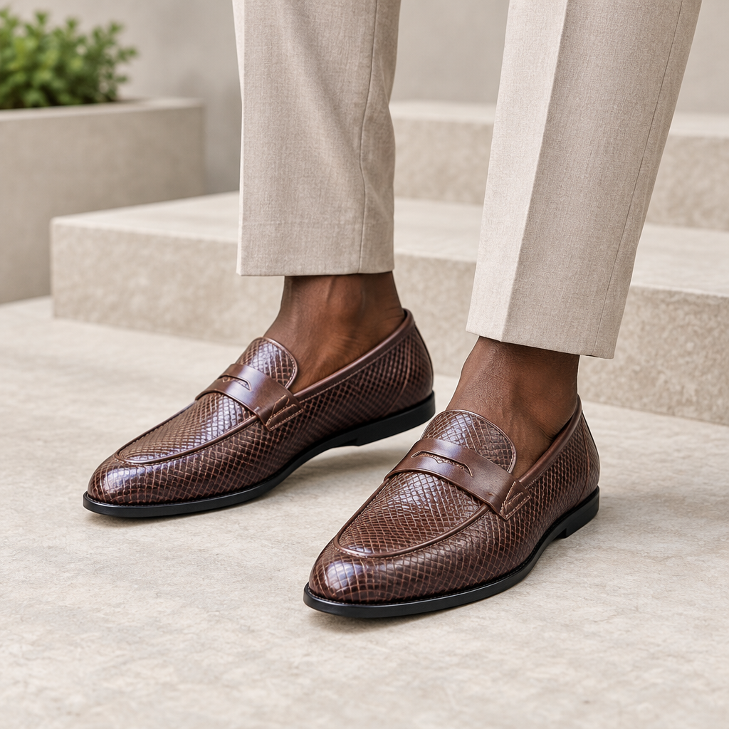 Black model wearing dark brown men's embossed-texture penny loafers