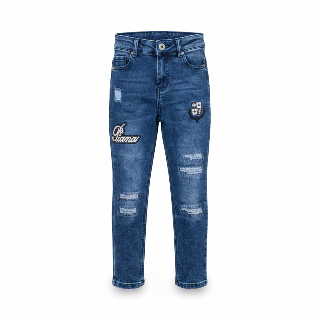 Boys semi-distressed denim jeans in medium blue ghost mannequin view