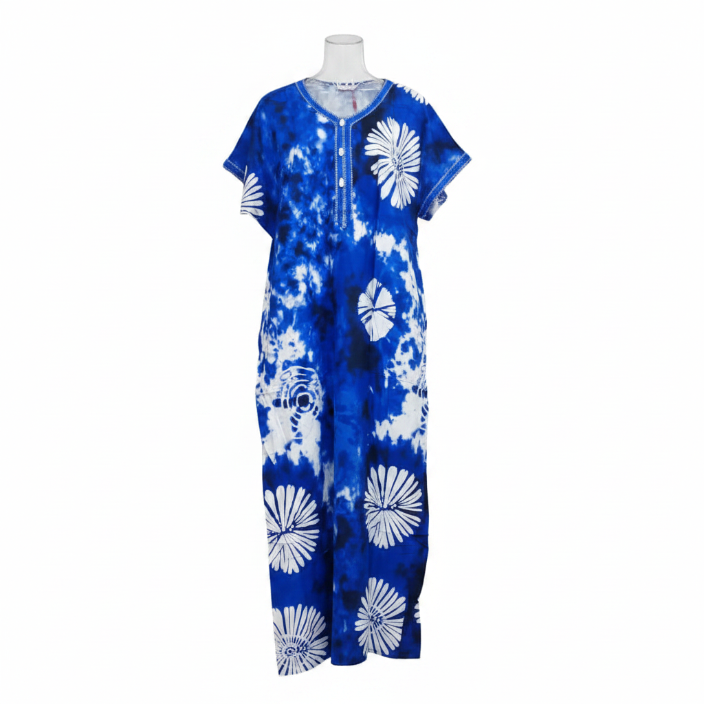 Ghost mannequin view of blue white adire sunflower long bubu gown