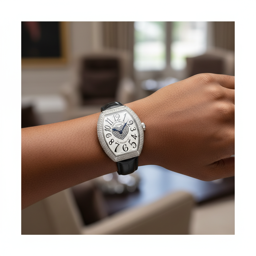 Women's silver full diamond bezel crystal heart dial tonneau watch worn on Nigerian model wrist — black strap lifestyle wrist shot