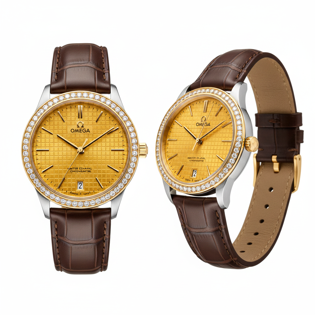 Two-tone diamond bezel dress watch with gold waffle dial and brown leather strap, front and side view on white background