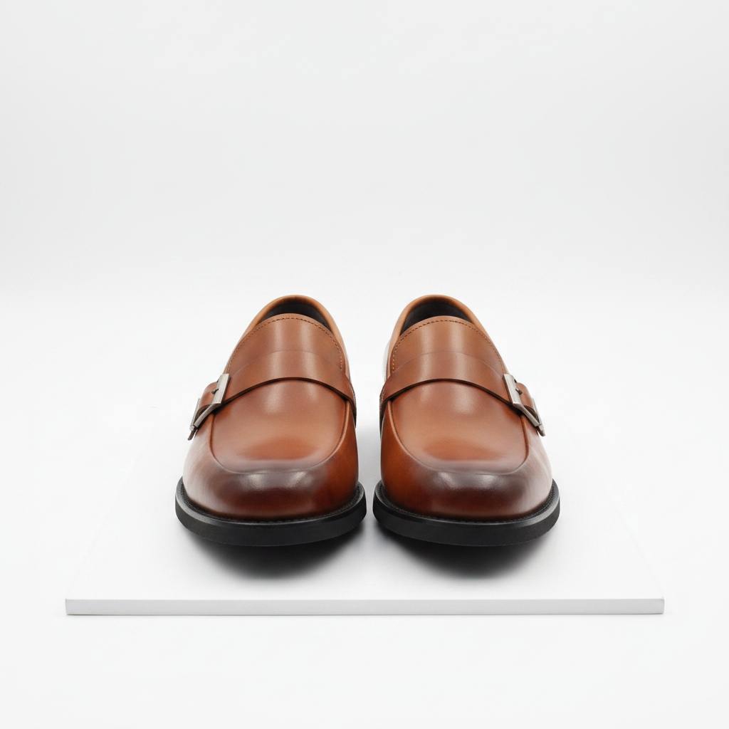 Men's tan brown leather buckle strap loafer shoes pair on white platform