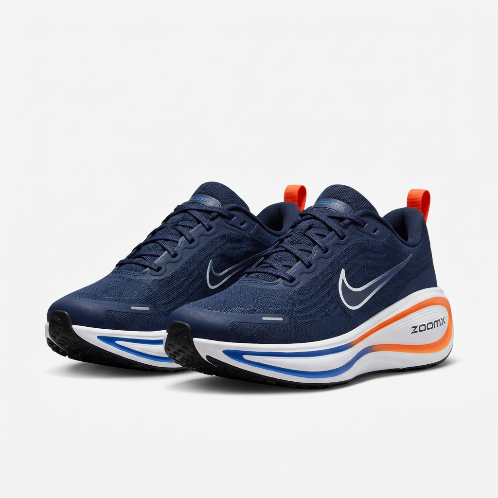 Pair of navy lace-up sneakers with orange heel details and white-and-blue soles