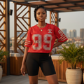 Rhinestone 99 Mesh Oversized Top – Model Shot Red