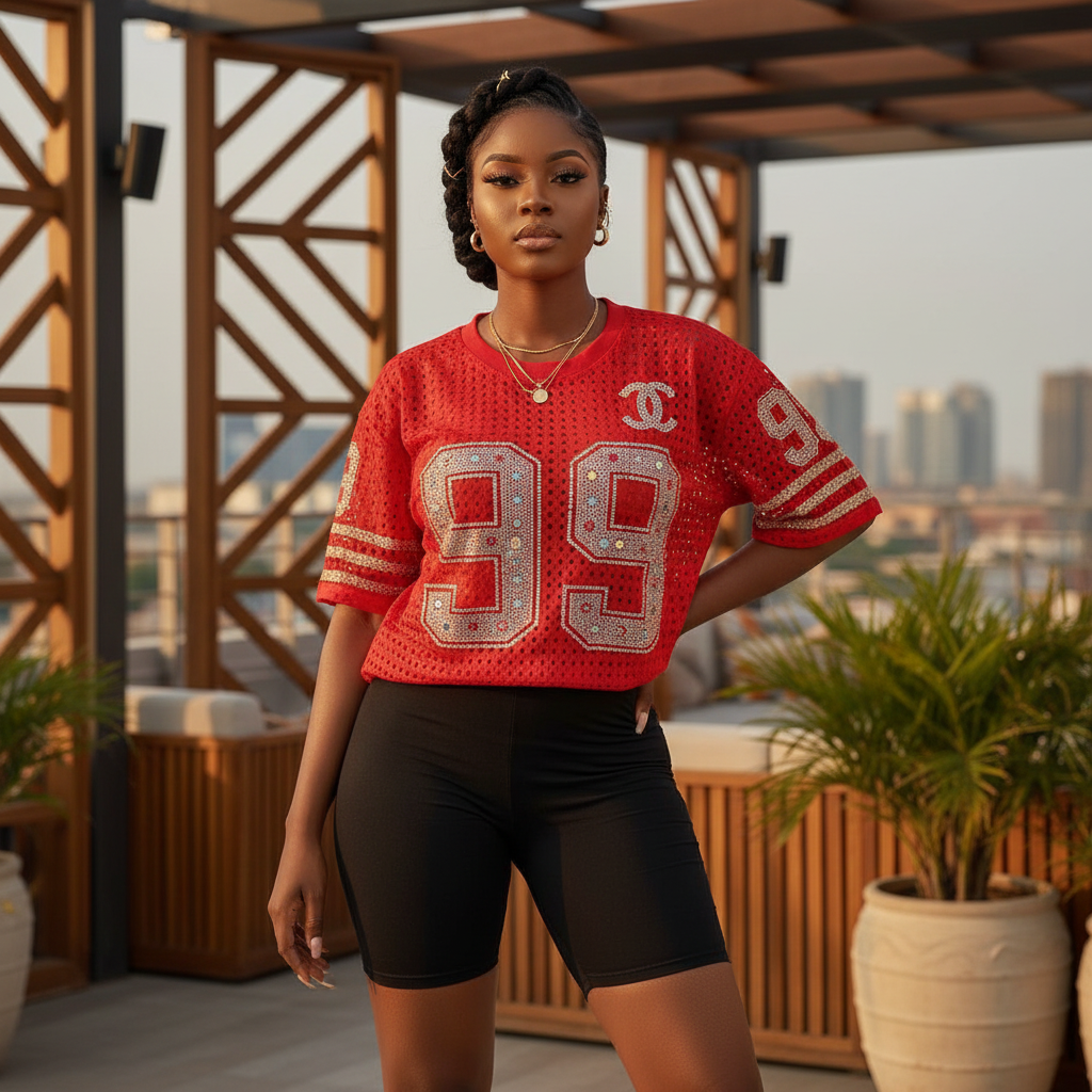 Rhinestone 99 Mesh Oversized Top – Model Shot Red
