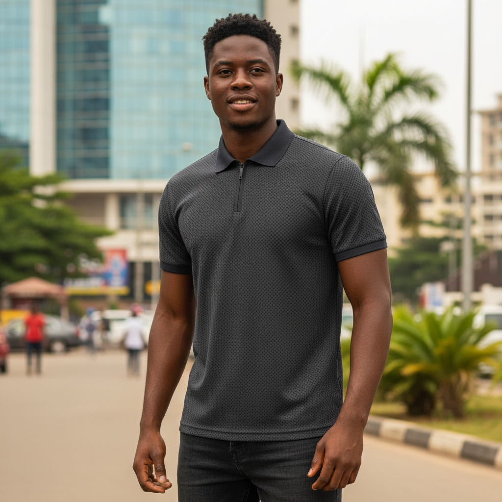 Charcoal Check Zip-Neck Polo Shirt - Model Shot