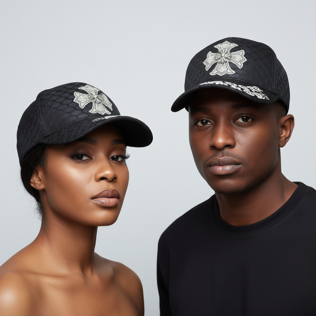 Nigerian male and female models wearing black mesh gothic cross embroidered baseball cap