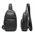 Ghost mannequin style men's leather chest bag catalog shot, front and side view