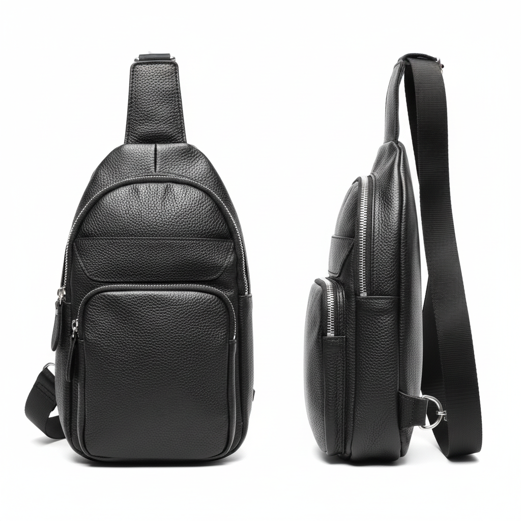 Ghost mannequin style men's leather chest bag catalog shot, front and side view