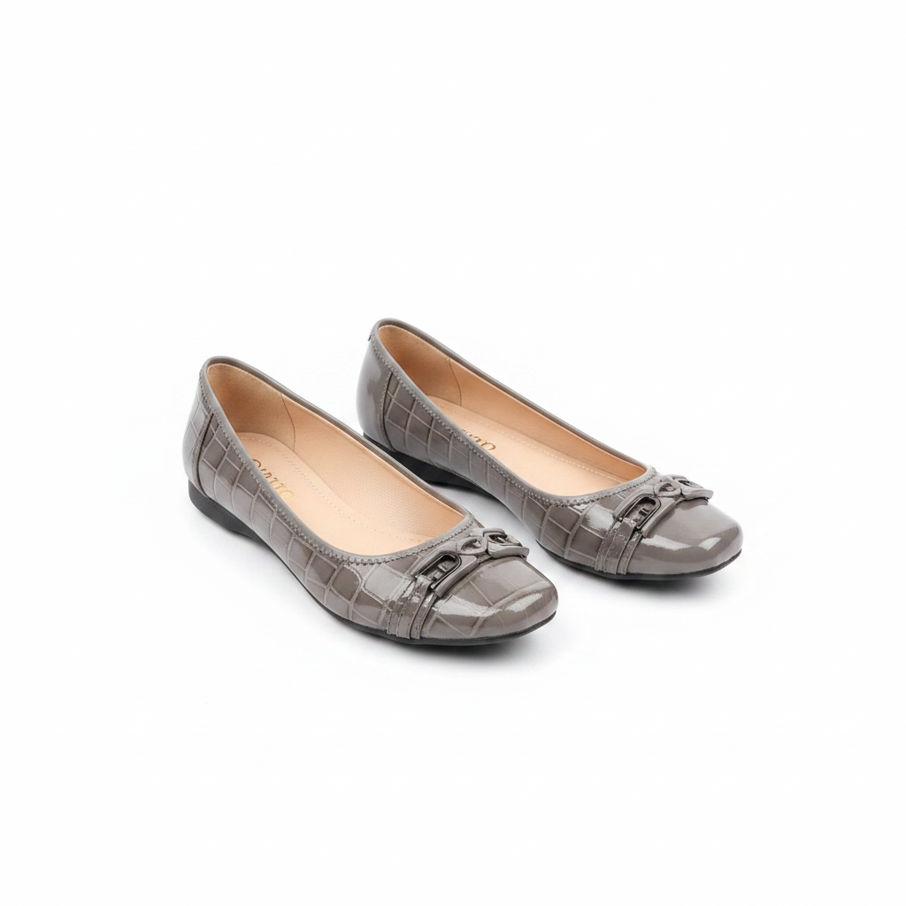 Women's grey croc flat pumps with bar buckle – ghost mannequin pair view