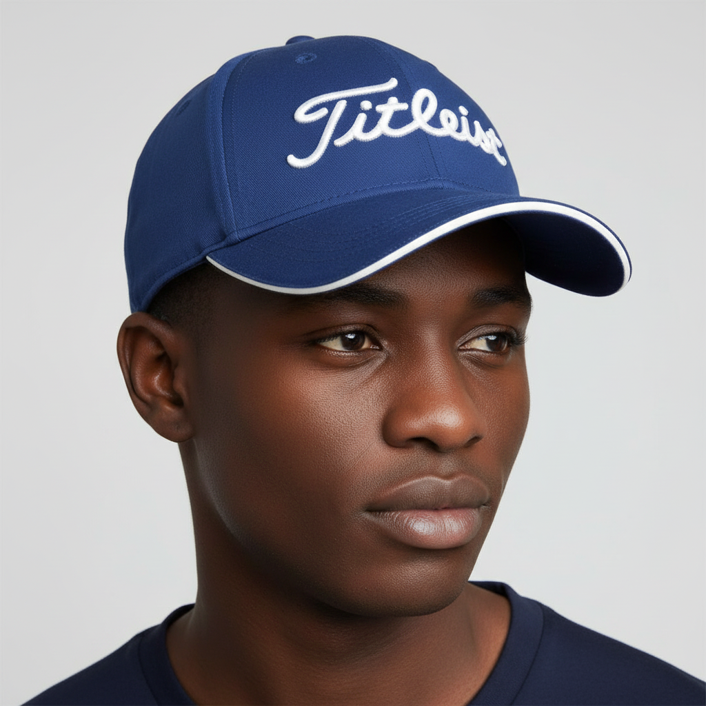 Nigerian male model wearing royal blue baseball cap with white trim