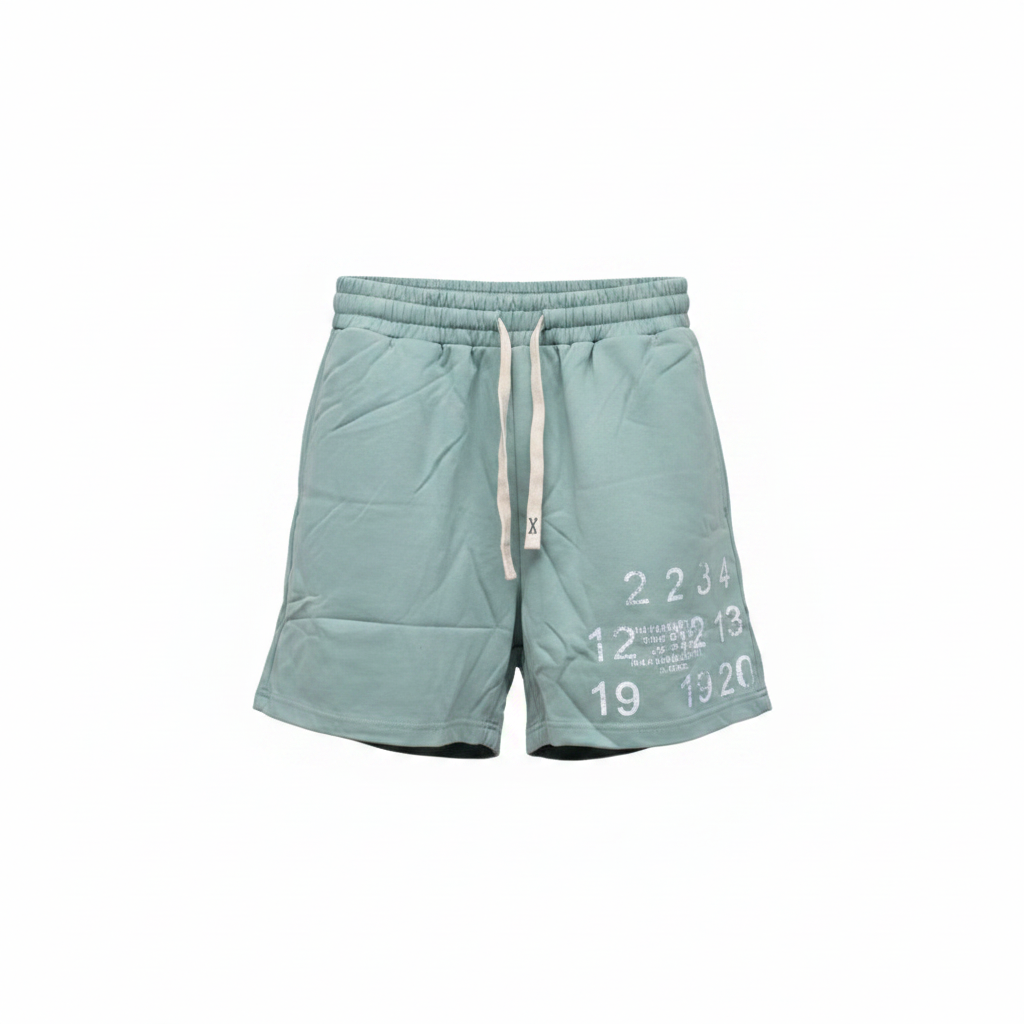Men's sage green number graphic sweat shorts — ghost mannequin front view