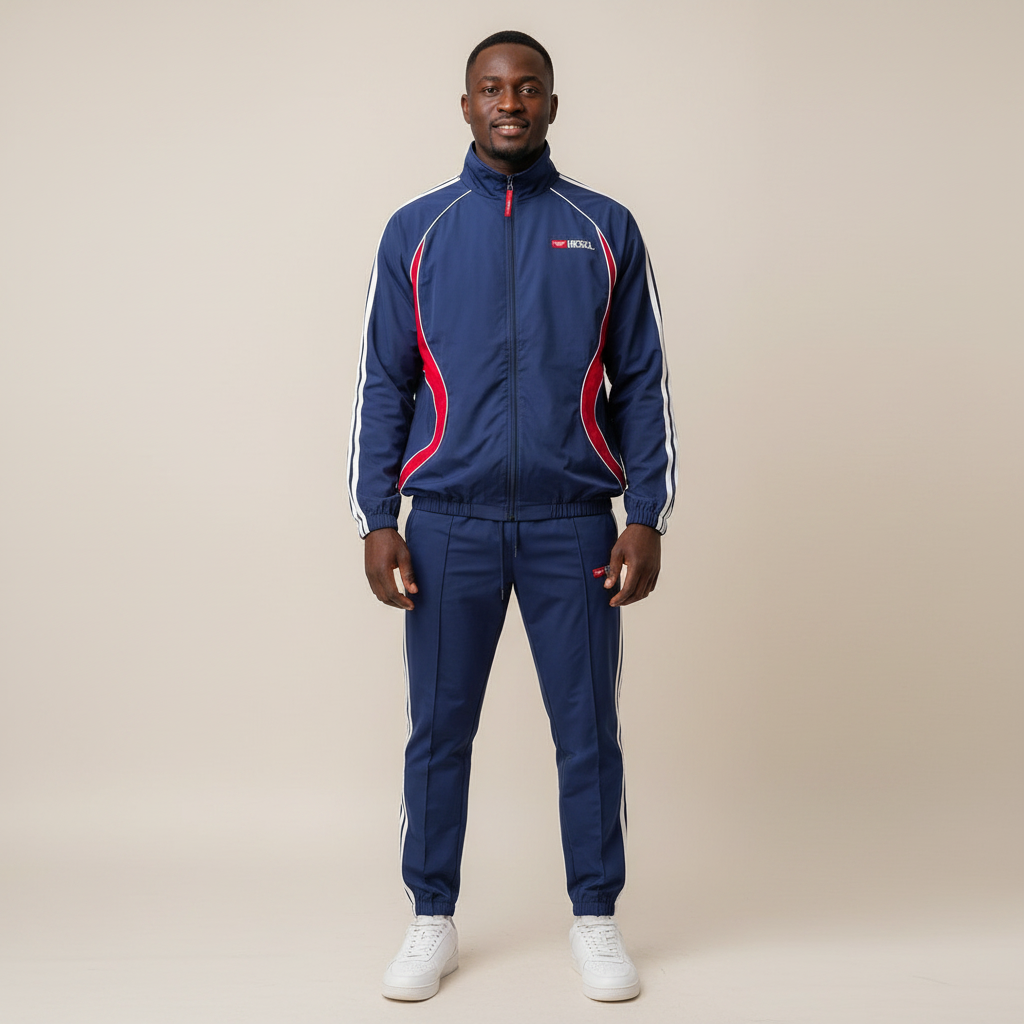 Model wearing the navy and red two-piece tracksuit