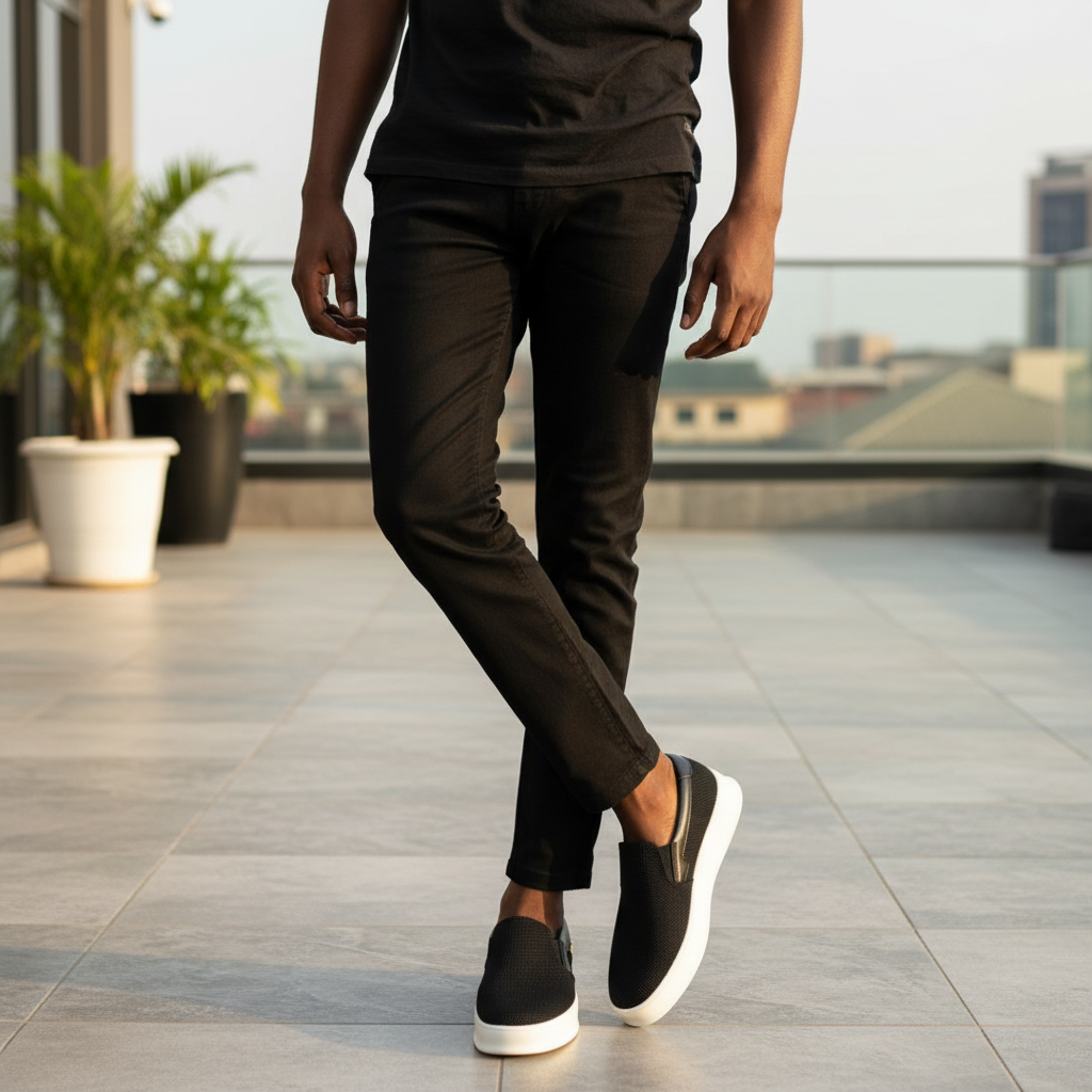 Nigerian male model wearing Timberland black knit slip-on platform sneakers with gold hardware, leg focus lifestyle shot