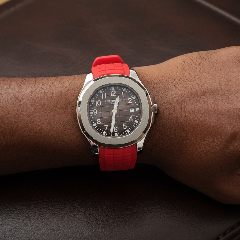 Nigerian man wrist shot wearing silver graphite dial red rubber strap luxury watch