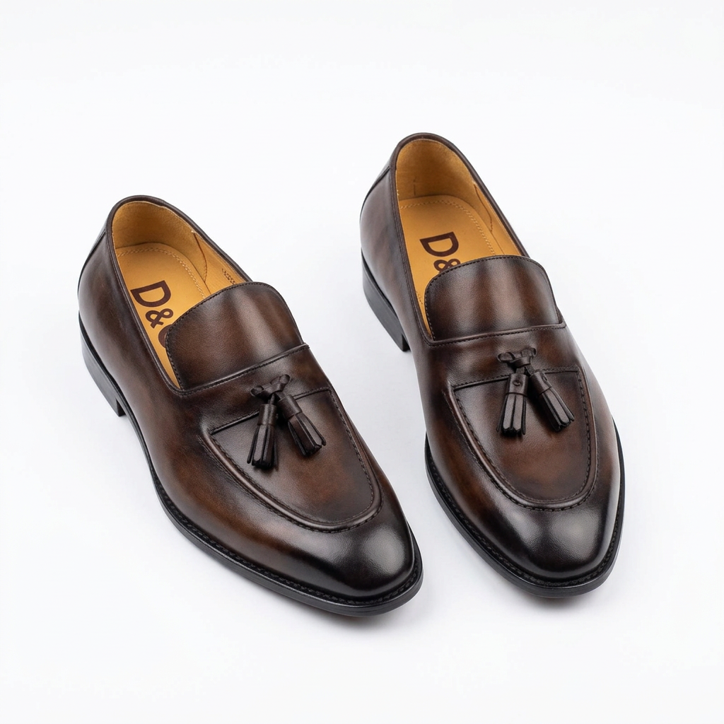 Pair of burnished dark brown tassel loafers on white