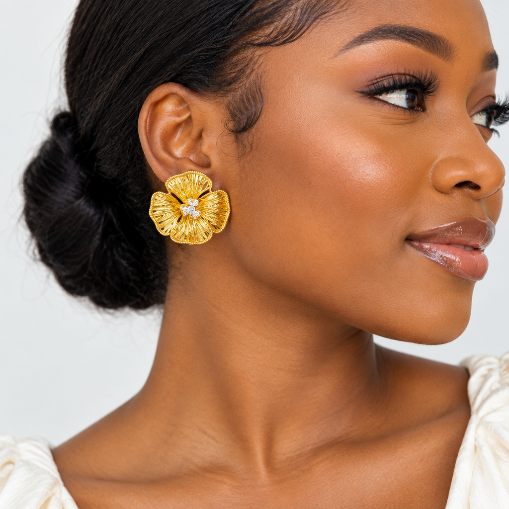 Gold Textured Flower Petal Crystal Stud Earrings – Model Shot