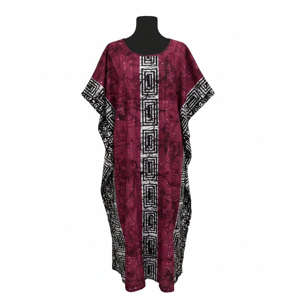 Ghost mannequin view of women's wine bubu dress with tribal print panel