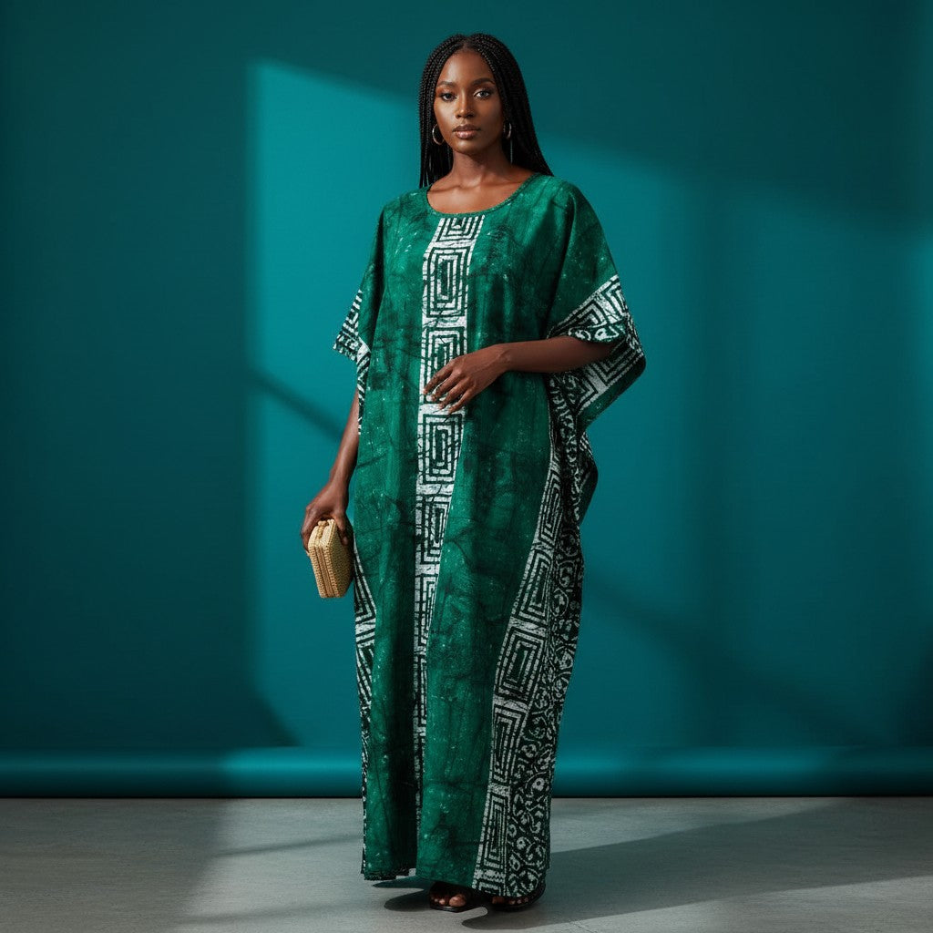 Women's Bubu Dress - Green Tribal Print