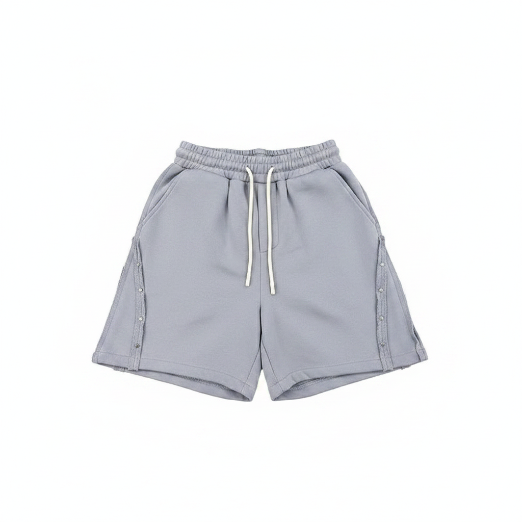Ghost mannequin front view of light grey fleece drawstring shorts with snap button side seam detail