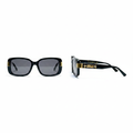 Unisex oversized square sunglasses glossy black acetate frame dark grey lens gold H-shape temple hardware – front and side view