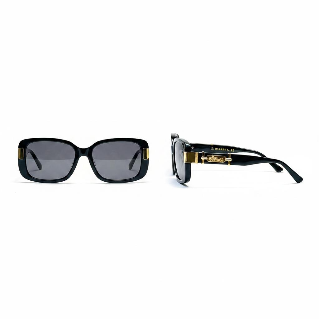 Unisex oversized square sunglasses glossy black acetate frame dark grey lens gold H-shape temple hardware – front and side view