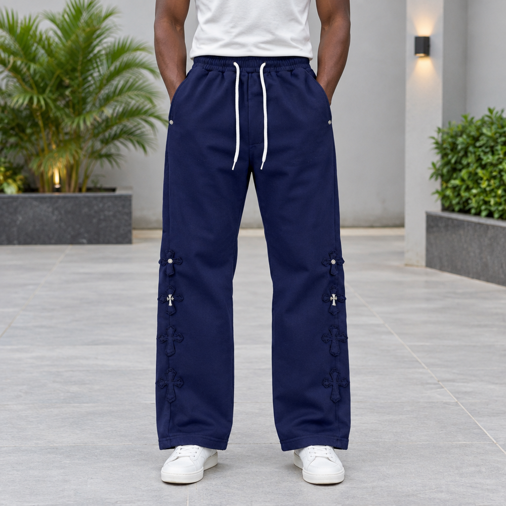 Men's navy cargo jogger trousers on Black Nigerian model