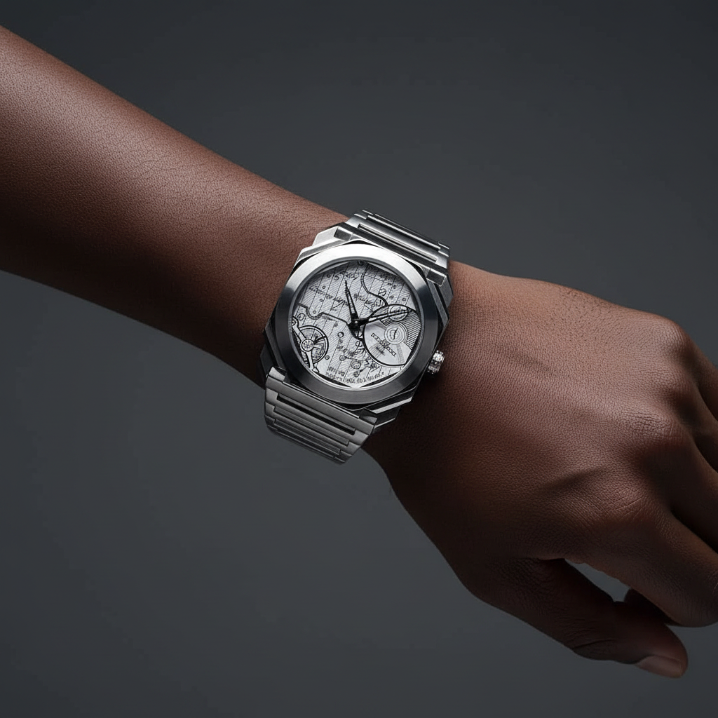Nigerian man wearing steel Octo Finissimo style watch with white blueprint dial, wrist close-up