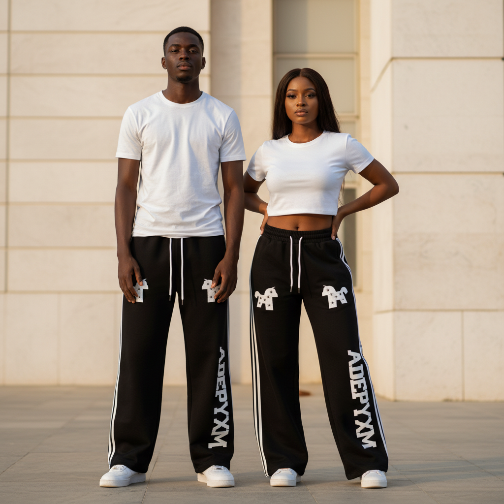 Male and female models wearing black ADEPYXM wide-leg stripe joggers