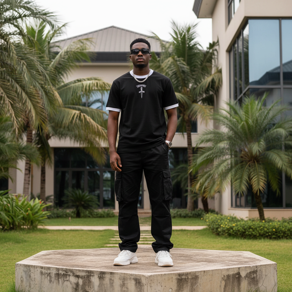 Nigerian male model wearing men's black white contrast ringer dagger embroidered T-shirt streetwear style