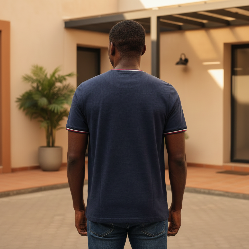 Nigerian male model wearing navy badge tee, back view