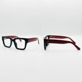 Chunky black square clear-lens eyeglasses with burgundy arms, front and side views