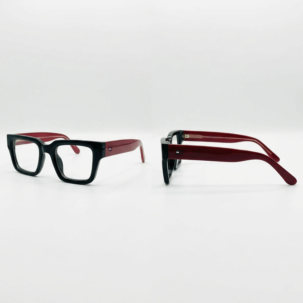 Chunky black square clear-lens eyeglasses with burgundy arms, front and side views