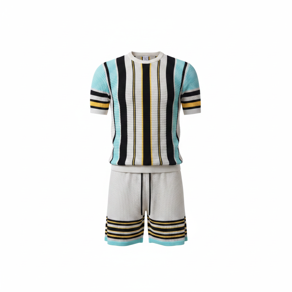 Ghost mannequin view of Men's White Teal & Black Vertical Stripe Knit Co-Ord Set