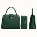 Deep green structured handbag with matching zip pouch, front and side views