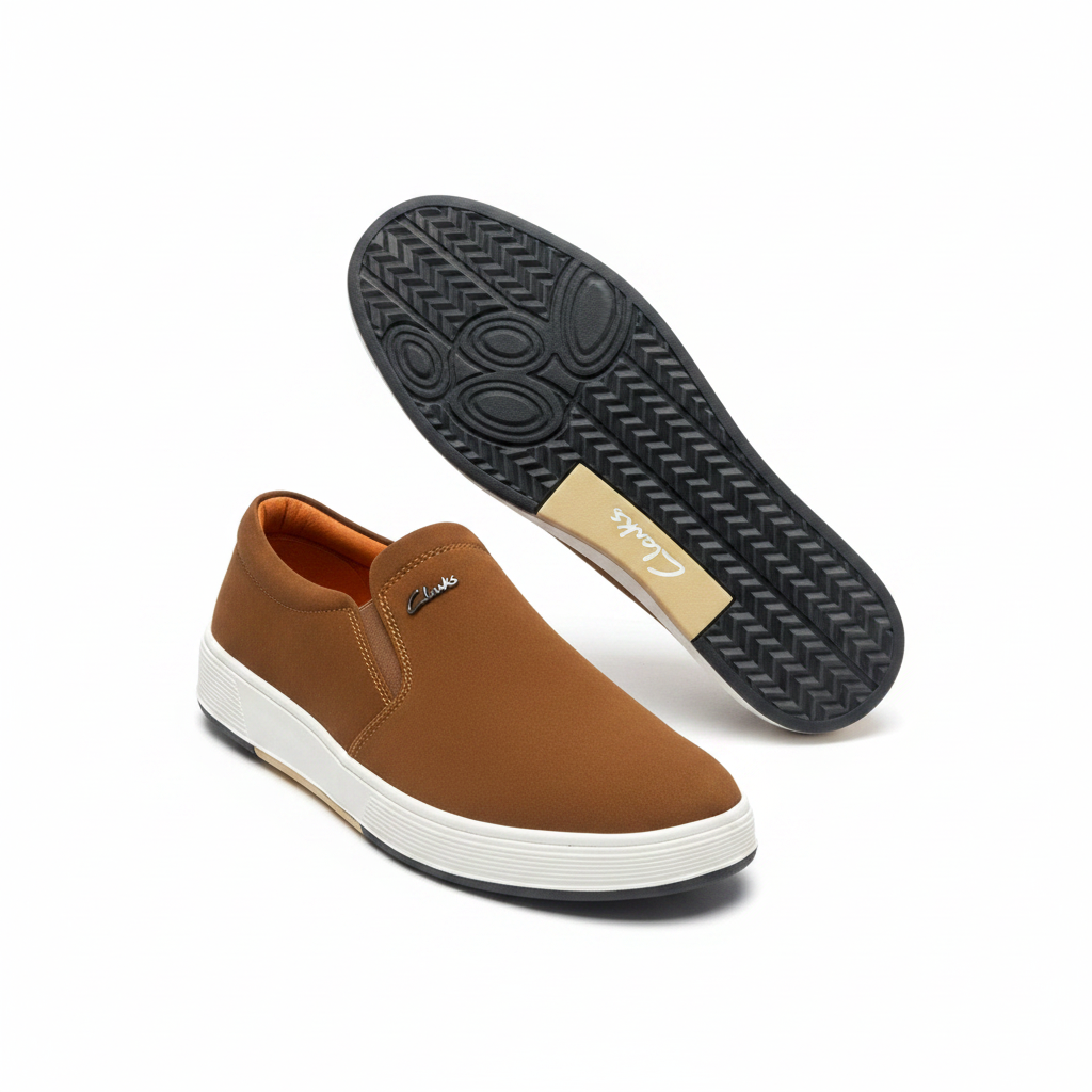 Men's tan brown suede slip-on sneaker pair front and sole view on white background
