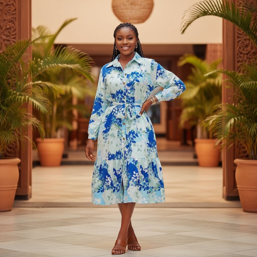 Bloom Midi Shirt Dress – Blue Floral Print – Model Shot
